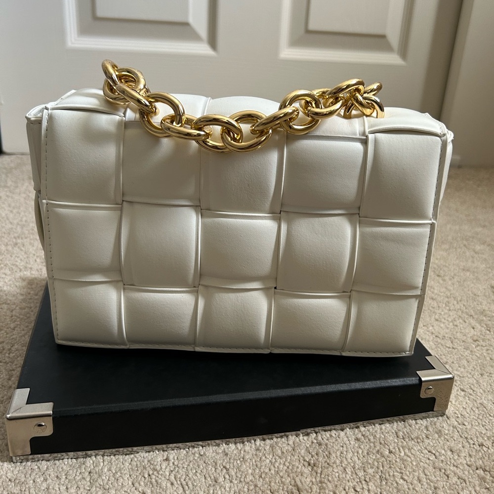 White Purse with Gold Chain Straps